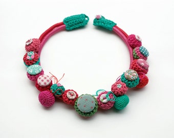 Fiber necklace in coral and mint Crochet and textile jewelry, OOAK