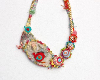 Textile bib necklace, crochet and felt jewelry with fabric buttons, multicolor, OOAK