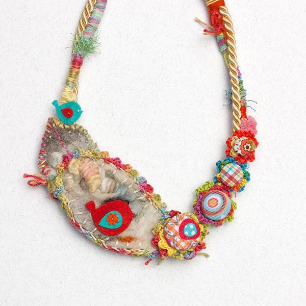 Textile bib necklace, crochet and felt jewelry with fabric buttons, multicolor, OOAK