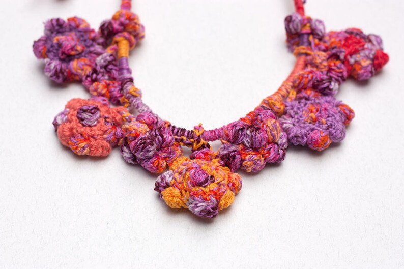 Flower crochet necklace colorful statement jewelry with bamboo beads OOAK