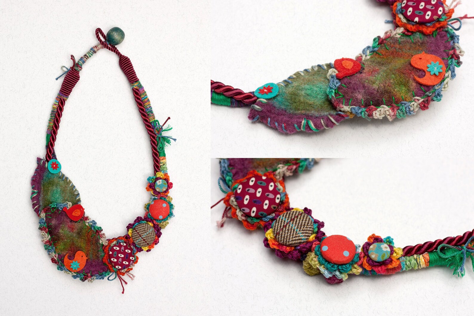 Fiber Art Bib Necklace Crochet and Felt Jewelry With Fabric Etsy