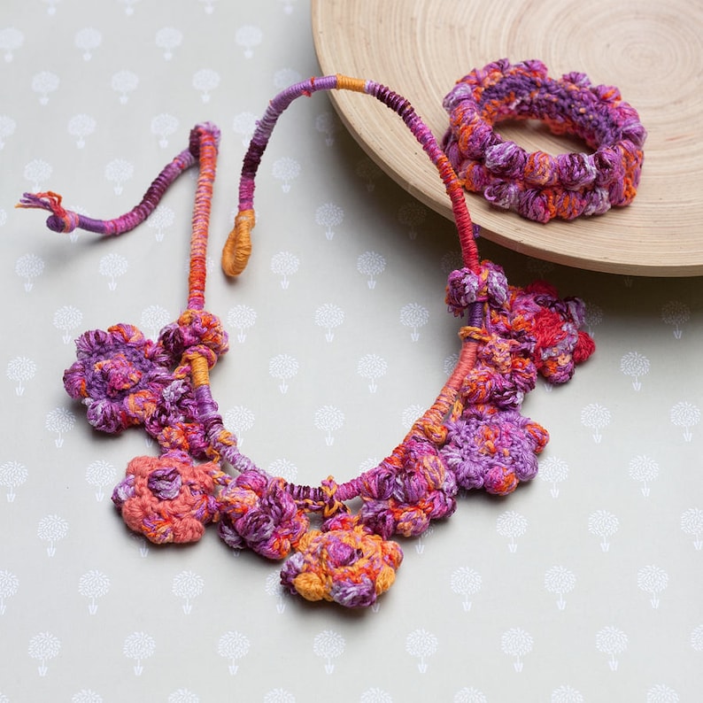 Flower crochet necklace colorful statement jewelry with bamboo beads OOAK