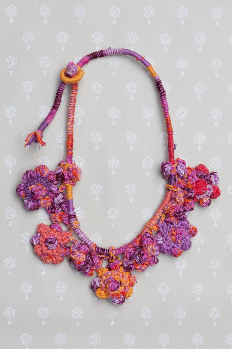 Flower crochet necklace colorful statement jewelry with bamboo beads OOAK