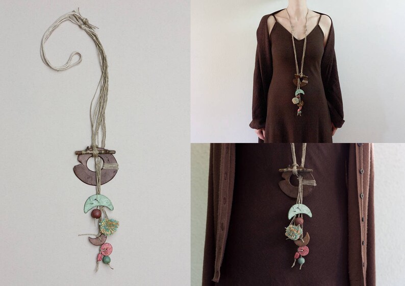 purple brown Long boho necklace black mixed media tribal jewelry OOAK