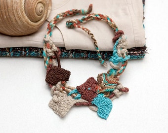 Statement necklace, knitted necklace, fiber art jewelry, fiber necklace, wearable art, brown turquoise beige, OOAK