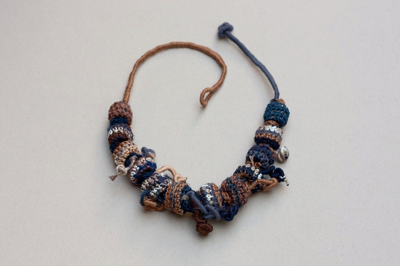 Fiber Statement Necklace in Brown and Blue Rustic Jewelry With Crochet ...