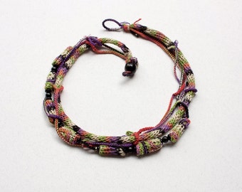 Knitted necklace with bamboo and wooden beads, black orange purple chartreuse, OOAK