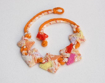 Orange statement necklace, knitted geometric jewelry, OOAK fiber art