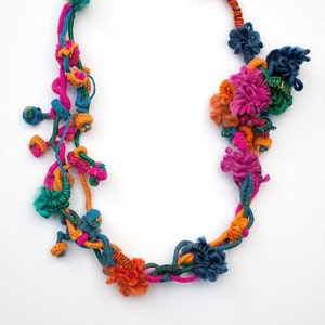 Colorful hand wrapped necklace, fiber jewelry with bamboo beads, OOAK image 1