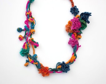 Colorful hand wrapped necklace, fiber jewelry with bamboo beads, OOAK