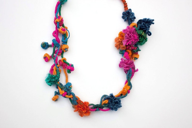 Colorful hand wrapped necklace, fiber jewelry with bamboo beads, OOAK image 1