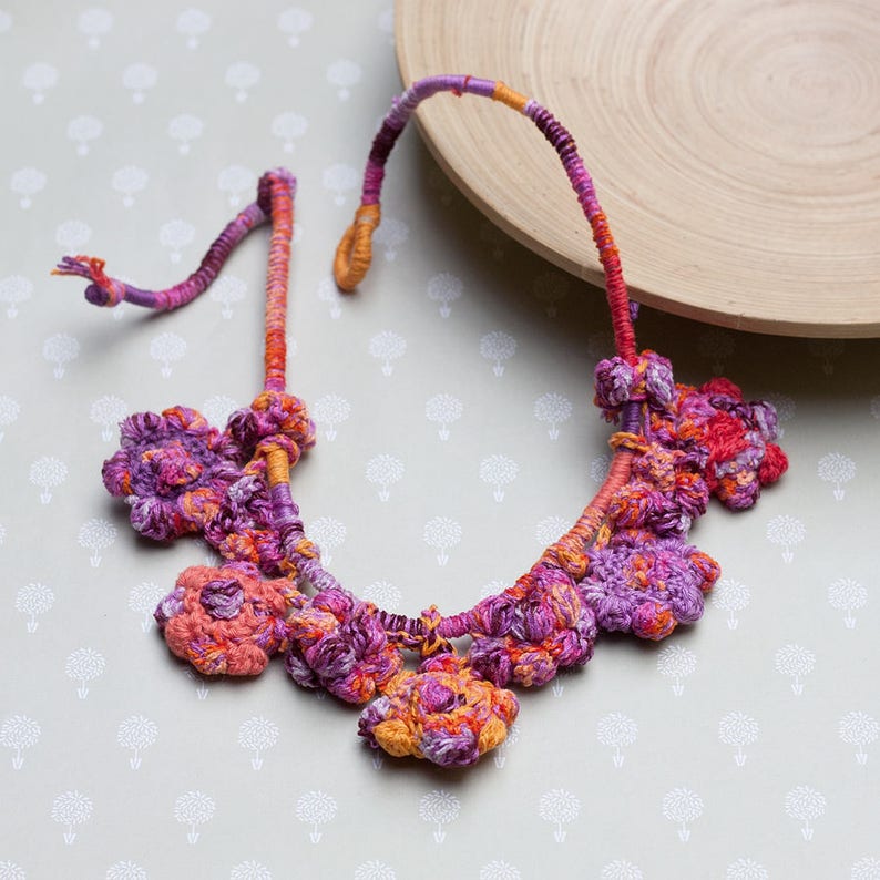 Flower crochet necklace colorful statement jewelry with bamboo beads OOAK