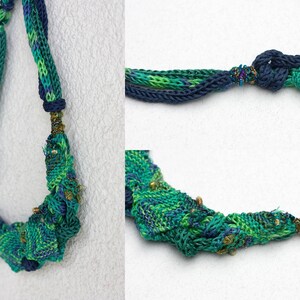 Blue green bib necklace, knitted statement jewelry, OOAK fiber necklace image 4