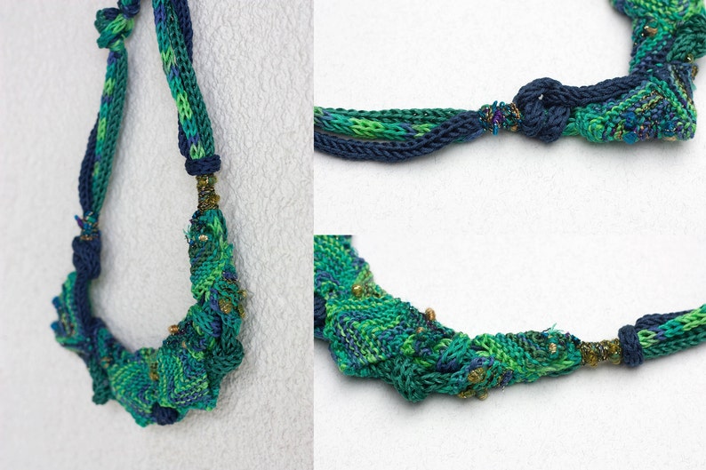 Blue green bib necklace, knitted statement jewelry, OOAK fiber necklace image 4