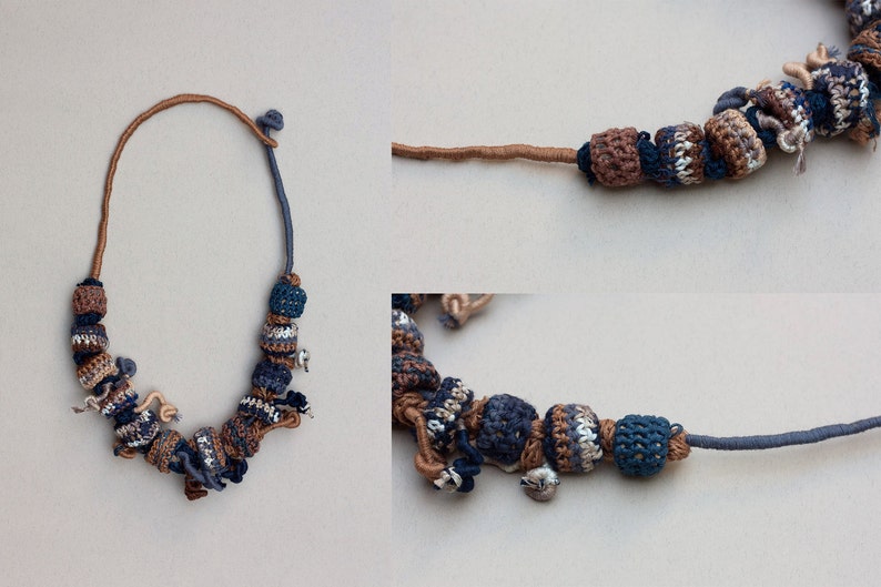 Fiber Statement Necklace in Brown and Blue Rustic Jewelry With Crochet ...