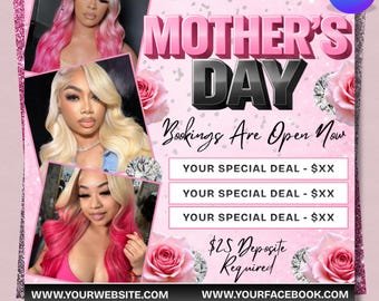 Mothers Day Booking Flyer, May Book Now Available flyer, Mothers Day Special Bookings, Mother's Day Lash, May Wig, May Nails, Canva Editable