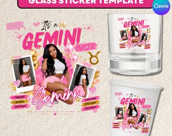 Gemini SZN Cup Shot Glass Template | Editable Canva Design | Birthday Party Favor Sticker | Custom Photo Zodiac Gemini PNG Digital Download
