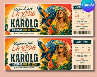 Karol G Tropitour Ticket Template, Viajando Por El Mundo Concert Ticket, Editable Tour Pass, Printable Event Ticket, Fan Souvenir DIY Canva