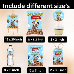 Toy Story Birthday Party Favor Custom Text Canva Template Invitation Chip Bag Popcorn Box Paper Banner Download Digital File 1 2 3 Boy Girl