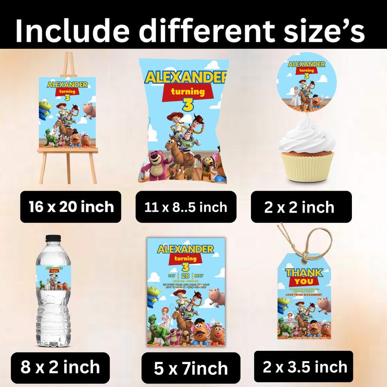 Toy Story Birthday Party Favor Custom Text Canva Template Invitation Chip Bag Popcorn Box Paper Banner Download Digital File 1 2 3 Boy Girl