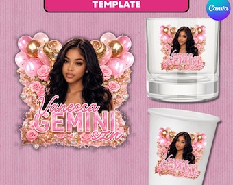 Gemini SZN Cup Shot Glass Template, Gemini Custom Photo, Zodiac Signs, Birthday Party Favor Sticker, Gemini Season Birthday Cup, DIY Canva