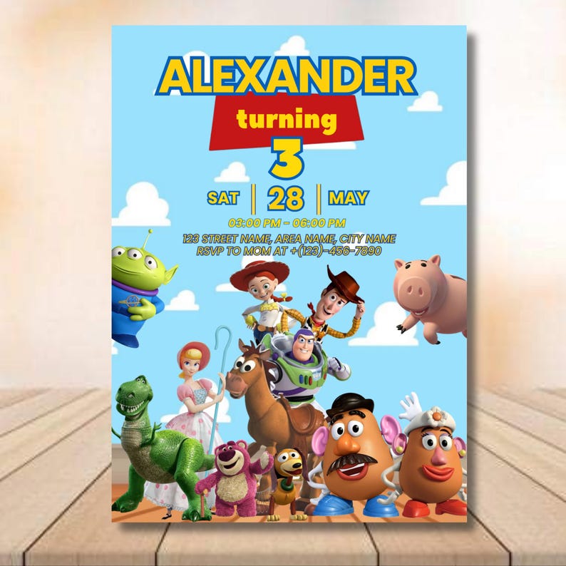 Toy Story Birthday Party Favor Custom Text Canva Template Invitation Chip Bag Popcorn Box Paper Banner Download Digital File 1 2 3 Boy Girl