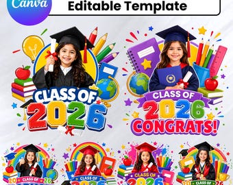 2026 Kids Graduation Canva Templates, Photo Booth Designs, 10 Kids Graduation T-Shirt Bundle, Kindergarten Graduate Bootleg Shirt, DIY Canva