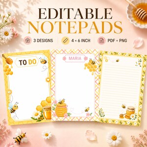 Modello di blocco note a tema ape modificabile, modello di blocco note a tema ape da miele, blocco note a tema ape da miele stampabile, pagina per appunti a tema ape da miele, cancelleria per bambini, download immediato