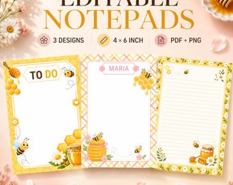 Editable Bee Notepad Template, Honey Bee Notepad Template Printable Bee Notepad, Honey Bee Notes Page, Kids Stationery, Instant Download