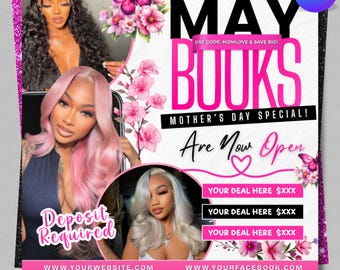 May Booking Flyer, Mothers Day Booking Flyer, May Calendar Flyer, May Books Open, May Appointment Flyer, May Book Now, May Lashes Nail Flyer