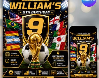 World Cup 2026 Soccer Party Invitation, Football 9th Birthday Invitation, Watch Party Invite, Fifa Match Party, Futbol Bday, Editable Canva