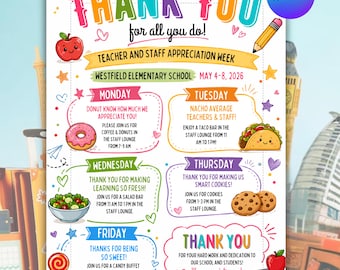 Teachers and Staff Appreciation Week Event Flyer, Teacher & Staff Appreciation Schedule Itinerary, PTO PTA Event, Editable Canva Template