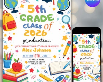 5th Grade Graduation Invitation, Fifth Grade, Diploma for kids, 5th Grade Graduate, Canva Editable Class of 2026 End of Year Party Invite