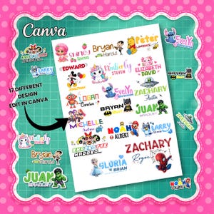 Puede incluir: Una hoja digital que presenta 17 diseños diferentes de etiquetas de nombre personalizables con varios personajes de dibujos animados, incluyendo superhéroes, animales y figuras de fantasía. El texto incluye nombres como Shirley, Bryan, Kimberly, Elizabeth y Zachary.