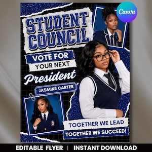Op de afbeelding: Een verkiezingsflyer voor de leerlingenraad met de tekst STUDENT COUNCIL, VOTE FOR YOUR NEXT President, JASMINE CARTER, TOGETHER WE LEAD, TOGETHER WE SUCCEED. Het bevat twee foto's van een persoon in een marineblauw vest en wit overhemd.
