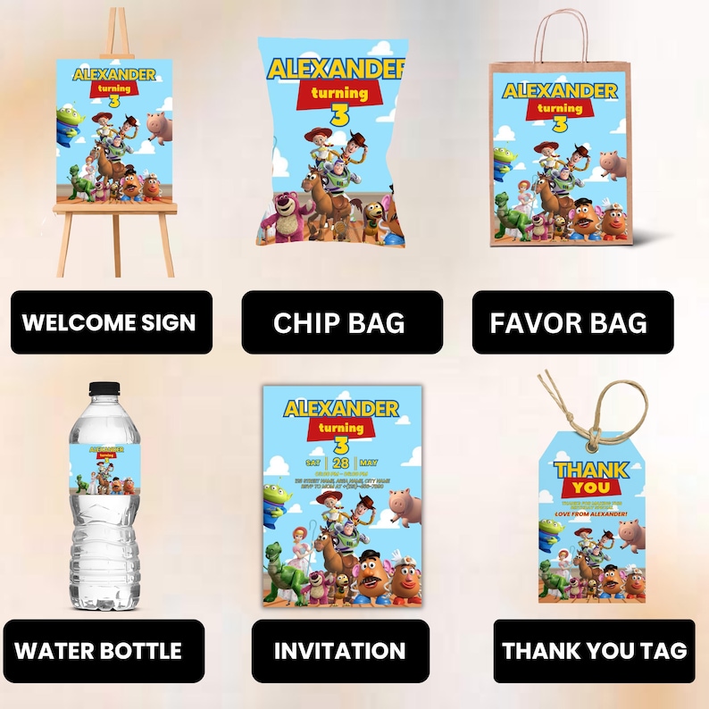 Toy Story Birthday Party Favor Custom Text Canva Template Invitation Chip Bag Popcorn Box Paper Banner Download Digital File 1 2 3 Boy Girl