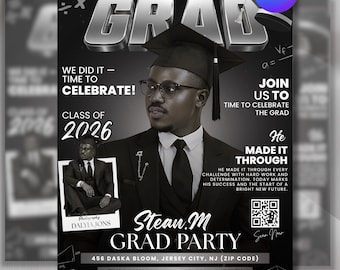 Class of 2026 Silver Graduation Invitation, Editable Magazine Style Black Boy College High School Grad Party Canva DIY Flyer