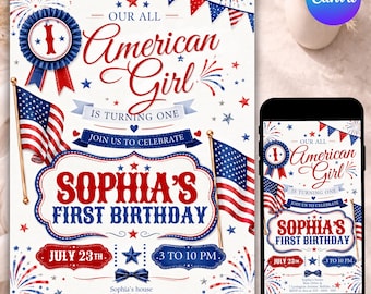 All American Girl Birthday Invitation 4th of July Patriotic Birthday Invite Independence Day USA Flag Blue Bow Fireworks EDITABLE