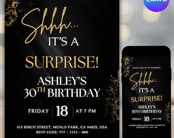 Editable Men's Surprise 30th Birthday Invitation, Any Age Invite, Modern Minimal Evite, Canva Template, Adult Birthday Invite for Men Women