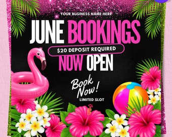 June Booking Flyer | Summer Beauty Hair Nails Lashes Braids Flyer | Editable Canva Template | Instant Download