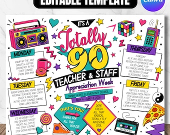 80s 90s Theme Teacher Appreciation Week Itinerary, Retro Throwback Old School Staff Schedule Events Printable, Employee EDITABLE TEMPLATE