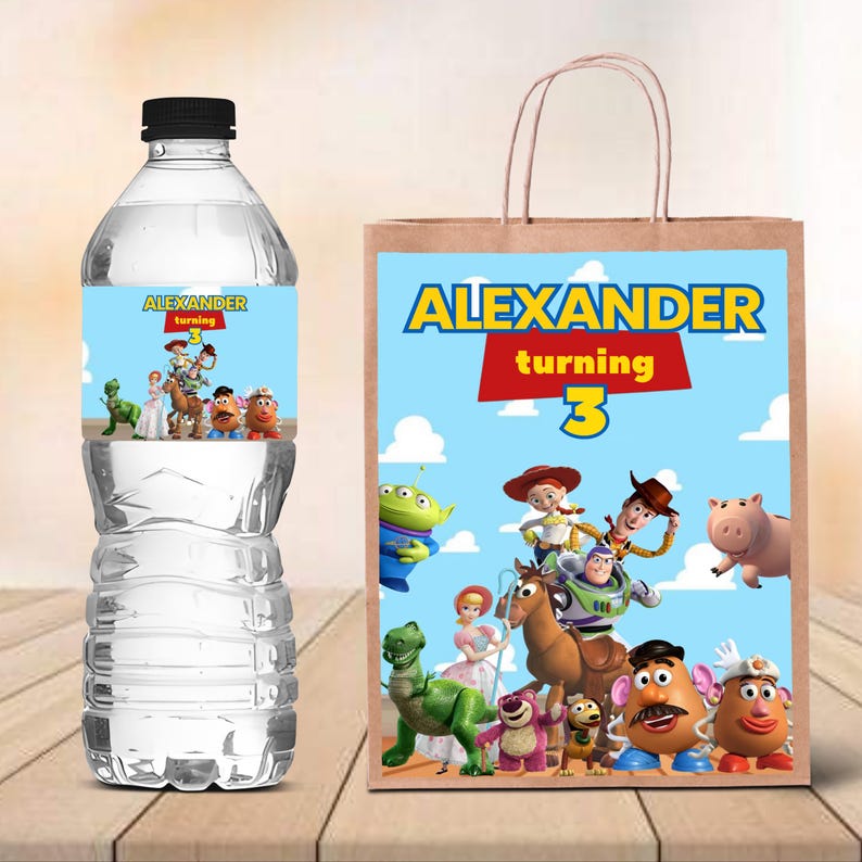 Toy Story Birthday Party Favor Custom Text Canva Template Invitation Chip Bag Popcorn Box Paper Banner Download Digital File 1 2 3 Boy Girl
