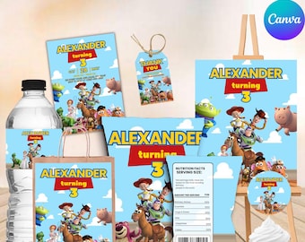 Toy Story Birthday Party Favor Custom Text Canva Template Invitation Chip Bag Popcorn Box Paper Banner Download Digital File 1 2 3 Boy Girl
