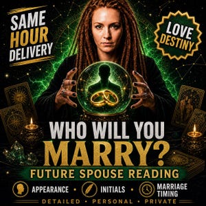 May include: A digital graphic featuring a person with dreadlocks behind a glowing green crystal ball containing two gold rings. Text reads: SAME HOUR DELIVERY, LOVE DESTINY, WHO WILL YOU MARRY? FUTURE SPOUSE READING, APPEARANCE, INITIALS, MARRIAGE TIMING.