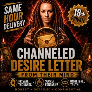 Könnte beinhalten: Eine digitale Grafik mit einer Person mit Dreadlocks, die eine leuchtende Kugel mit einem goldenen Umschlag mit Herzsiegel hält. Der Text lautet: SAME HOUR DELIVERY, 18+ PRIVATE, CHANNELED DESIRE LETTER FROM THEIR MIND, PRIVATE THOUGHTS, SECRET FANTASIES, UNFILTERED TRUTH, HONEST, DETAILED, CONFIDENTIAL.