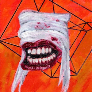 May include: A white bandage covers a mouth with red lips and white teeth. The mouth is open and the teeth are visible. The bandage is stained with red blood. The background is a bright orange with black lines forming a geometric shape.