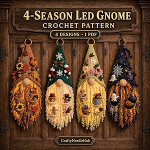 Gnome Organizer Crochet Pattern, Interchangeable Seasonal Wall Hanging PDF, Illuminated Craft Room Decor