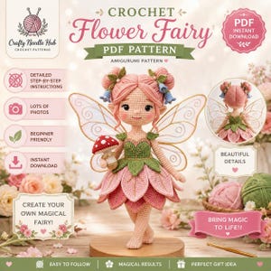Könnte beinhalten: Eine Häkelanleitung für eine Blumenfee als Amigurumi-PDF mit einer Puppe mit rosa Haaren, Flügeln, einem Pilz und grüner blattartiger Kleidung. Das Bild enthält Text wie Crochet Flower Fairy PDF Pattern und Crafty Needle Hub.