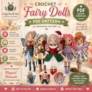 Può includere: Un modello digitale per bambole fatine all'uncinetto con cinque diverse figure amigurumi con vari colori di capelli, abiti e ali. Il testo include "CROCHET Fairy Dolls PDF PATTERN", "AMIGURUMI PATTERN" e "Make your own magical fairy friends!"
