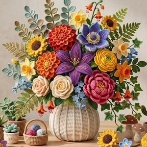 Peut inclure: Un bouquet de fleurs au crochet dans un vase crème côtelé, composé d'un lys violet, de dahlias orange et rouges, de tournesols jaunes, de pivoines roses et de roses crème, entouré de fougères, de lierre et de myosotis bleus en crochet.